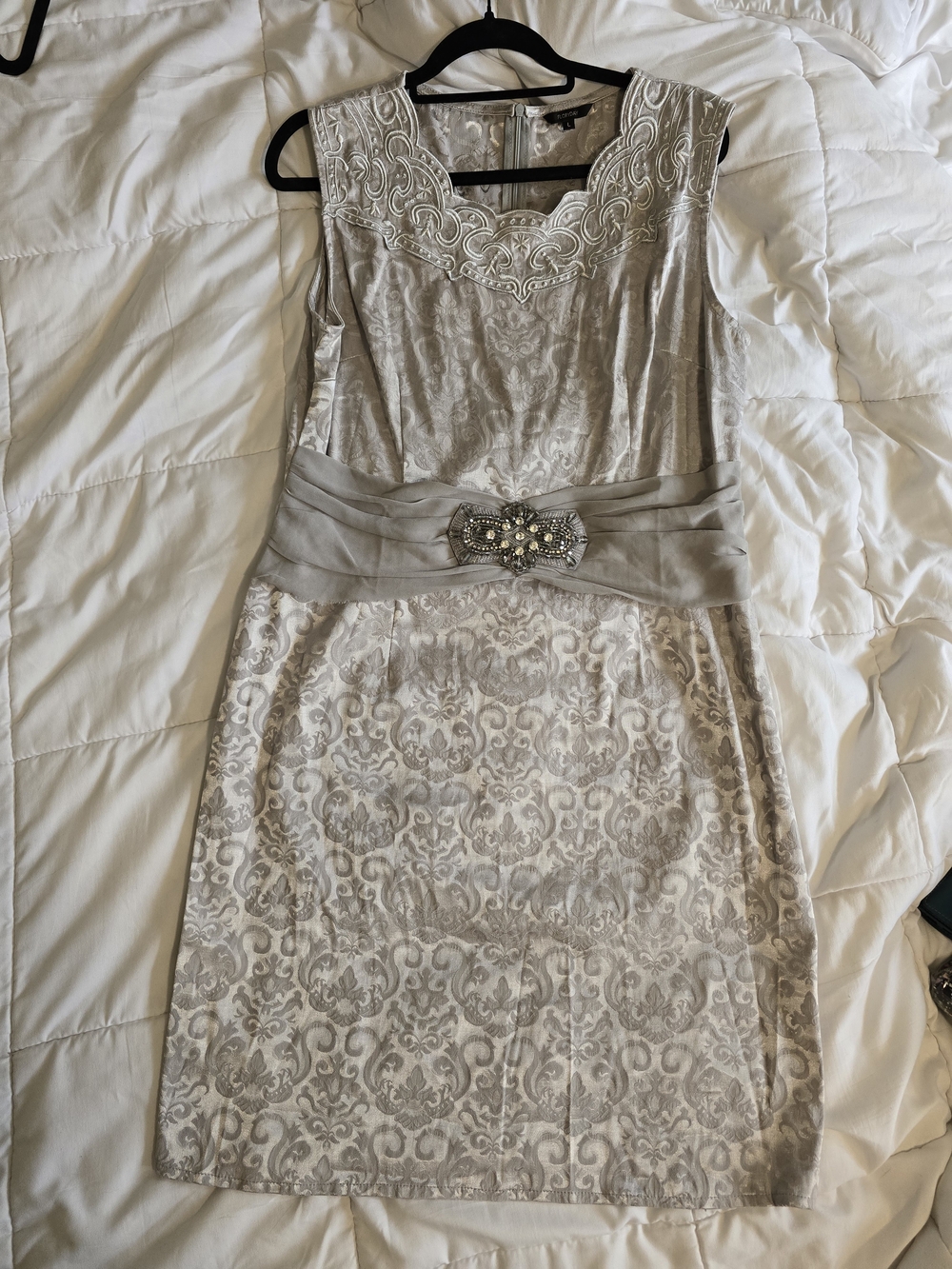 Flory Day, Wedding Guest, Prom, Elegant Silver Lace-Detail Sheath Midi Dress